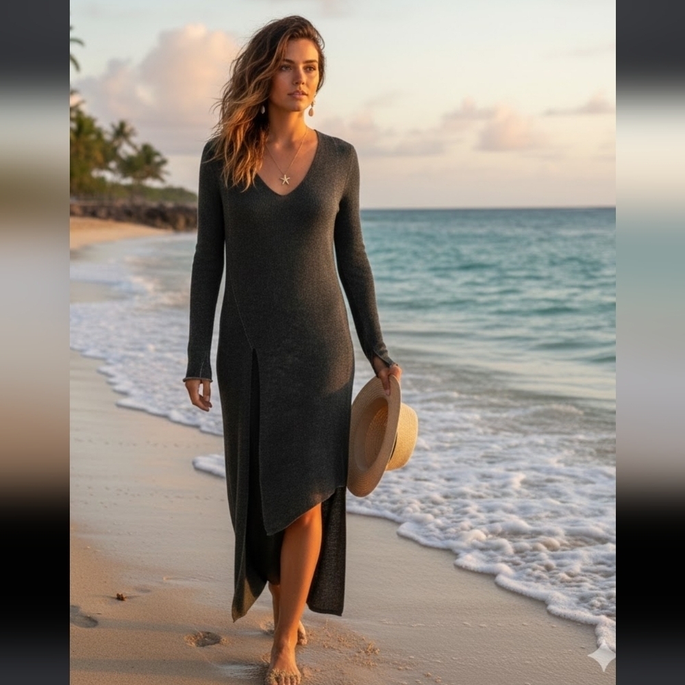 ZARA Knit Midi Dress Size M Charcoal Gray V-Neck Long Sleeve Asymmetrical